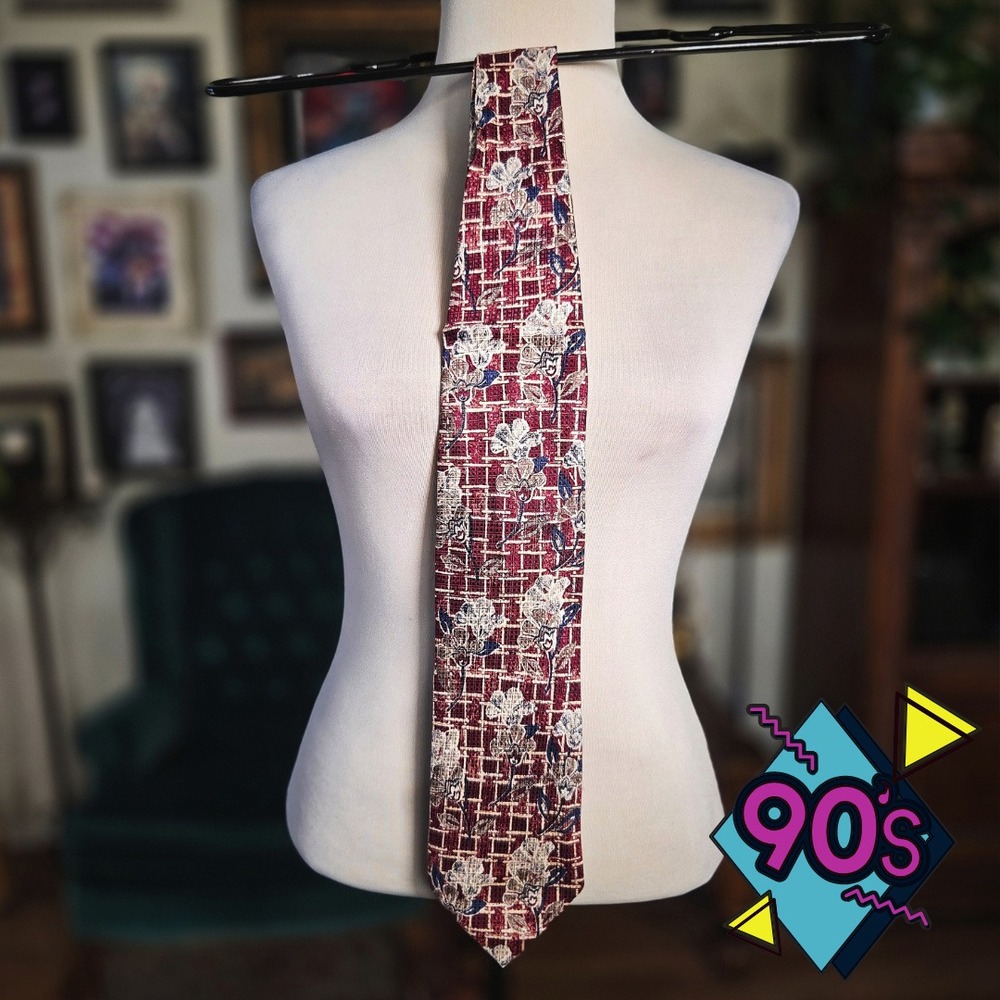 Structure Silk Tie Vintage 90s Mens Burgundy Floral Geometric Grid Italy Fabric